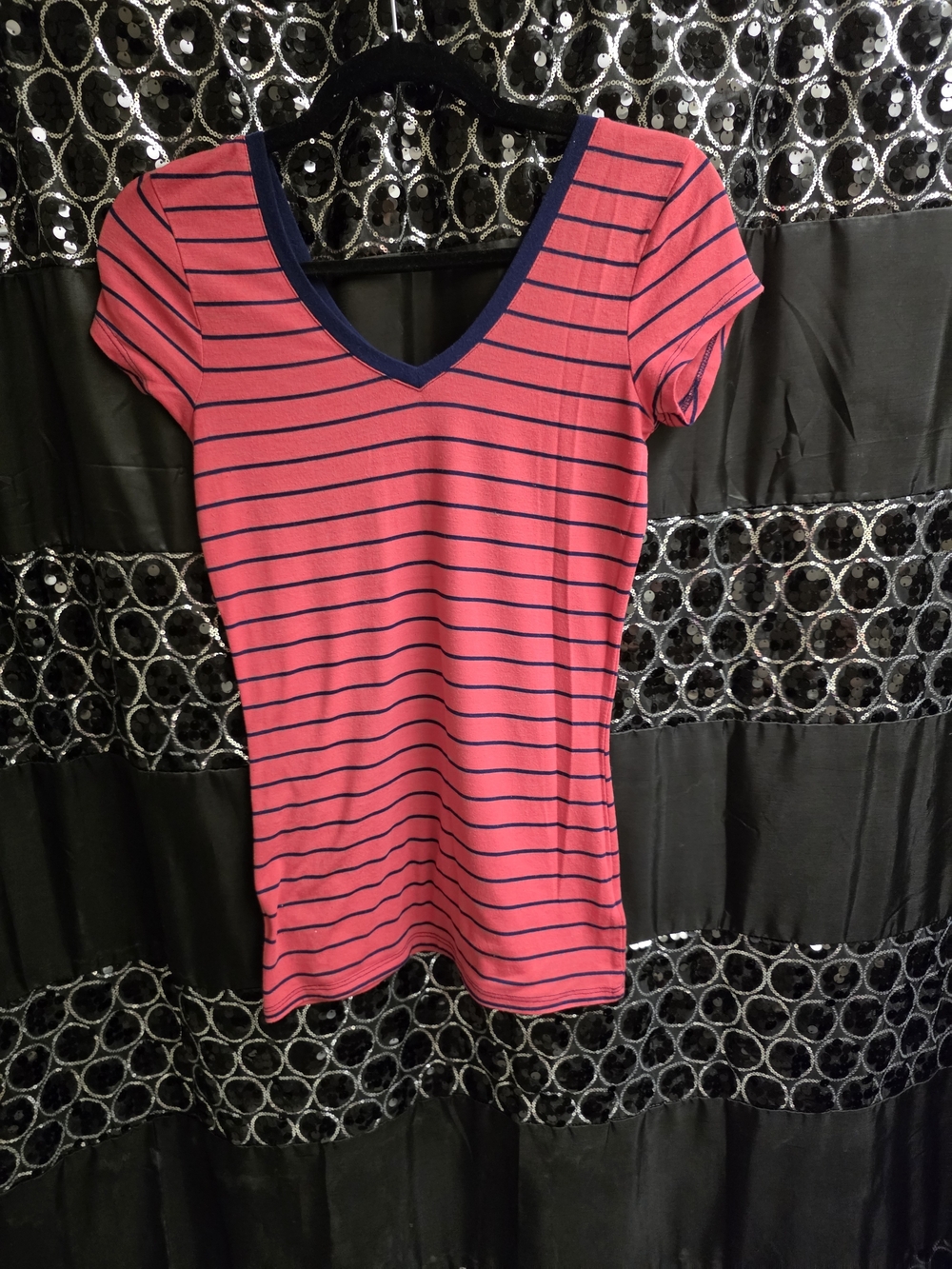 Women's Pink Striped V-Neck Tee with Navy Trim